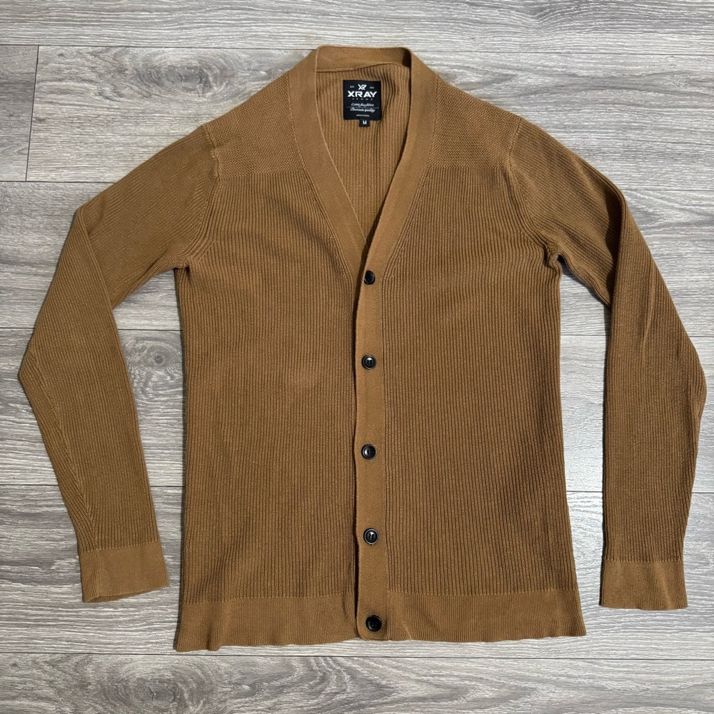 XRAY Men Brown V-Neck Long Sleeve Cardigan Sweater Size M 100% Cotton‎